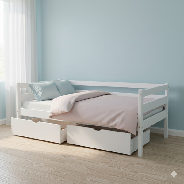 Підліткове дерев'яне ліжко біле з шухлядами 80x190см1